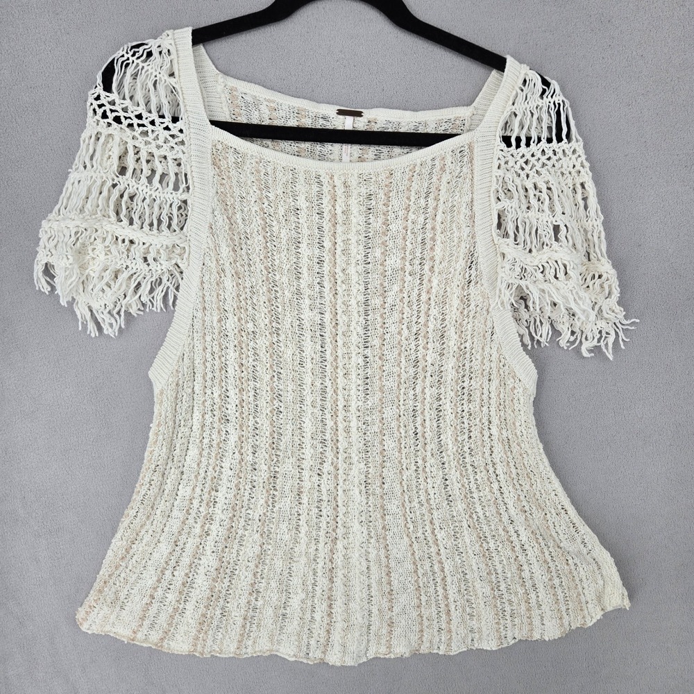 Free People Medium Crochet‎ Fringe Boho Knit Top Womens Cream Tan Square Neck